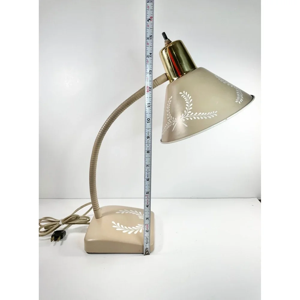 Vtg MCM Beige Goose Neck Desk Lamp Light Nightstand Lamp Cottagecore Decor